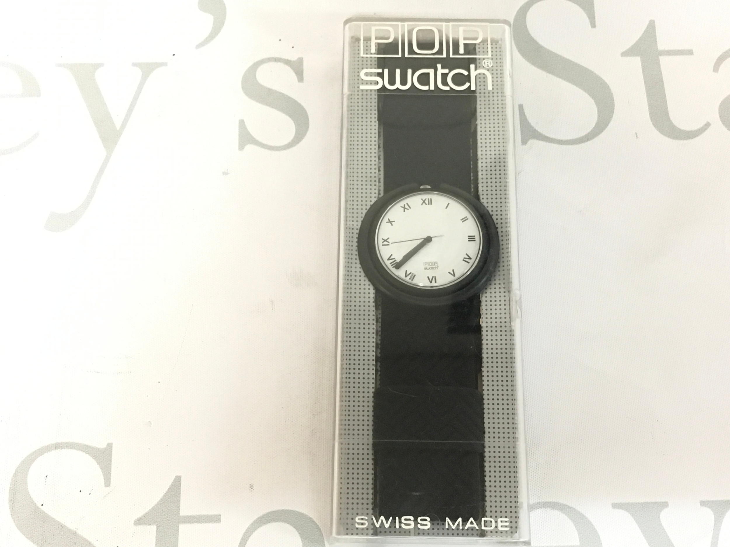 vintage 1991/1992 Pop Swatch watch, model "Roman Night" (PWB169), featuring a distinctive black and white dial with Roman numerals