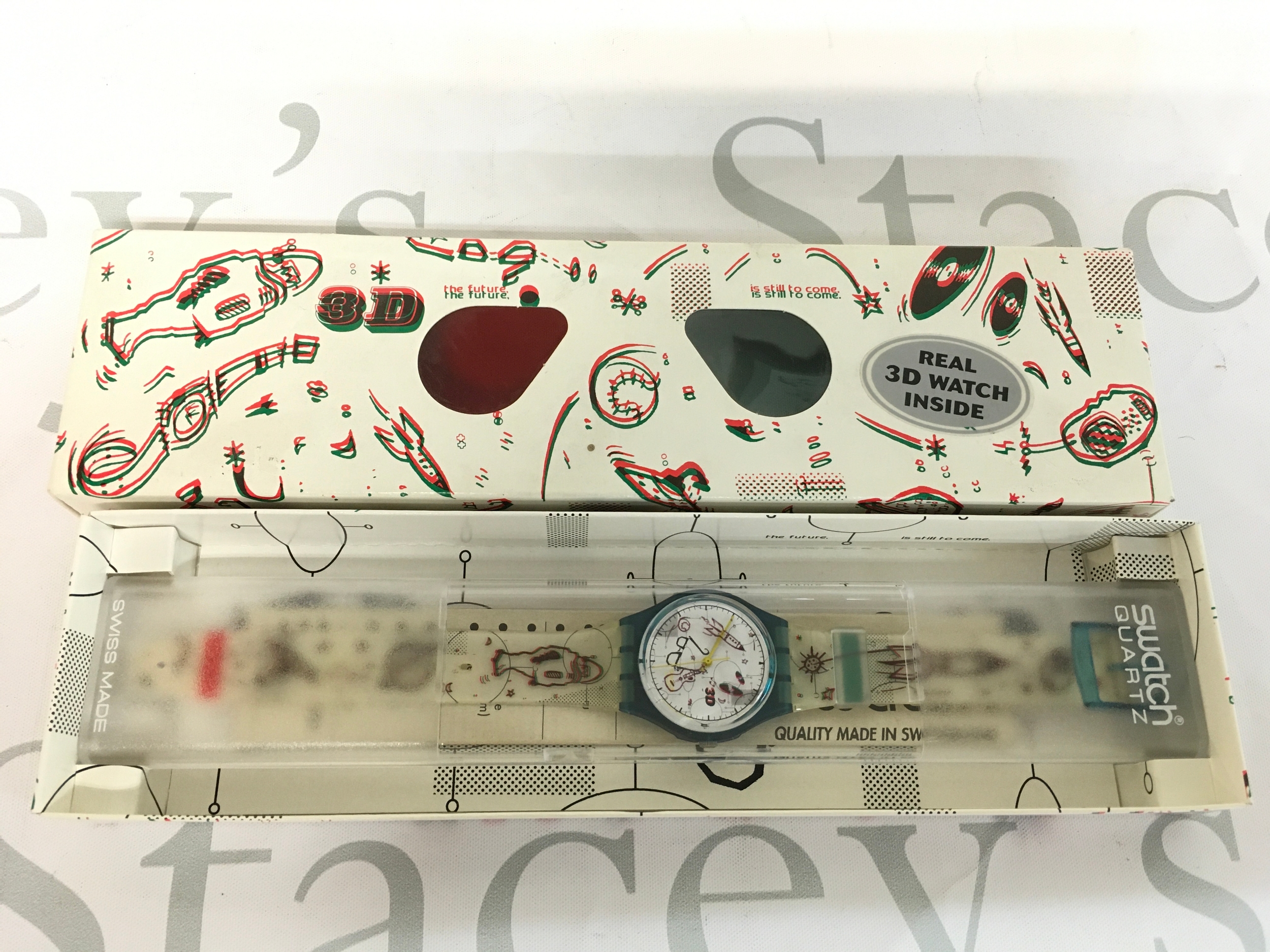 vintage 1996 Swatch "3D Experience" (GL108) limited edition watch, featuring 3D graphic designs on the dial and strap.