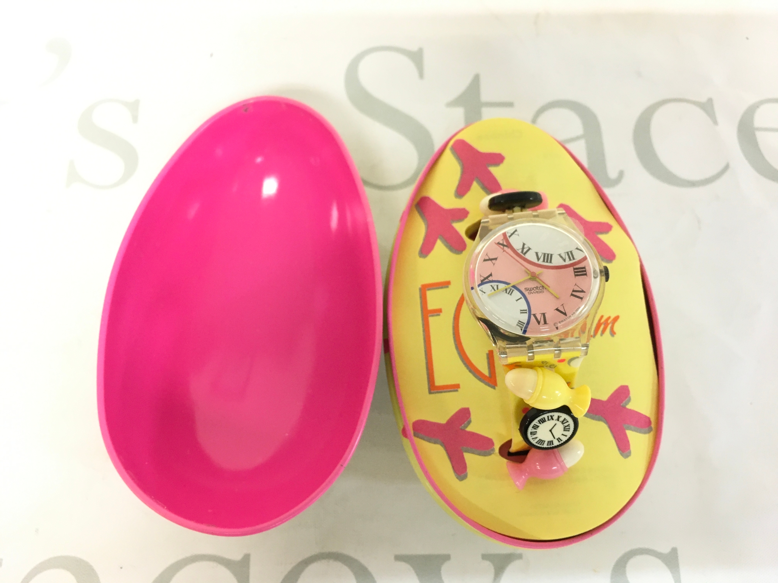 1994 Swatch "Eggs Dream" GZ128 special edition watch housed in its original egg-shaped collector's tin.
