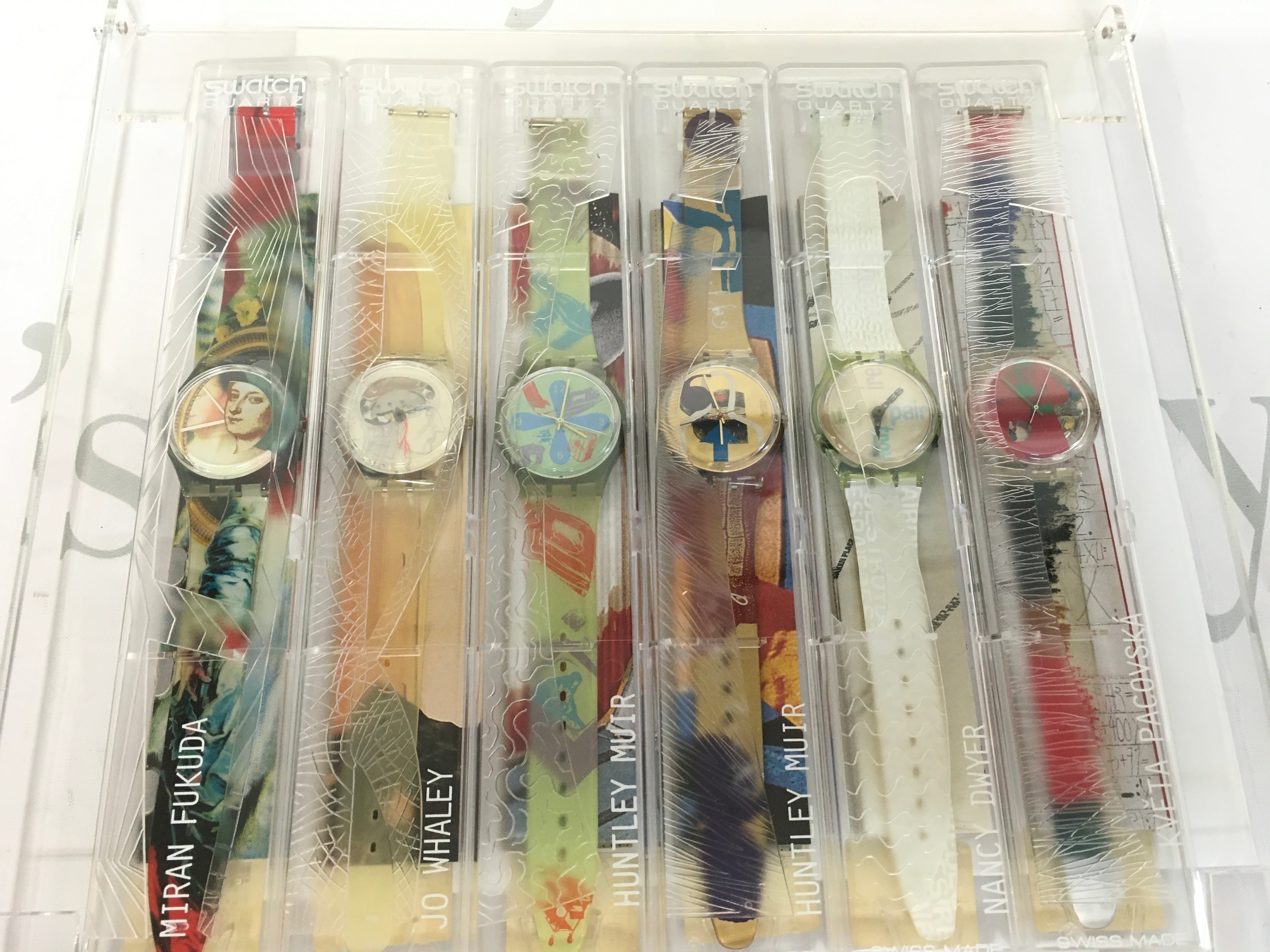complete 6-piece Swatch Artist Series IV collection from the Spring/Summer 1997 season. The set features artist-designed watches including works by Miran Fukuda, Jo Whaley, Huntley Muir, Nancy Dwyer, and Kveta Pacovska.