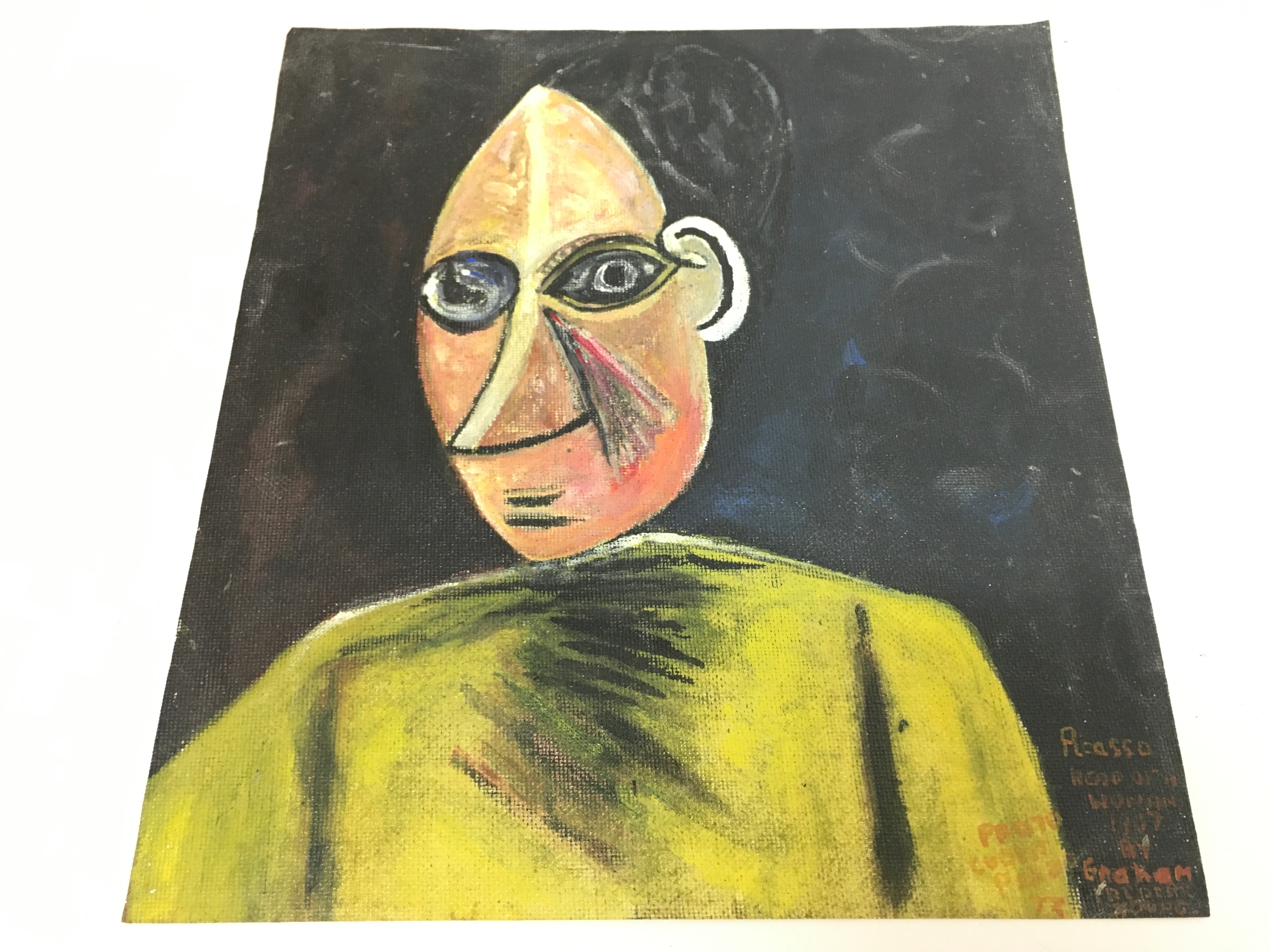 An original painting by Graham Young (7 September 1947 – 1 August 1990), also known as the Teacup Poisoner, of a Picasso painting "Head of a Woman". Dated 27th September 1973 and marked HM PRISON PARKHURST NEWPORT IQW. Dimensions 25x28cm