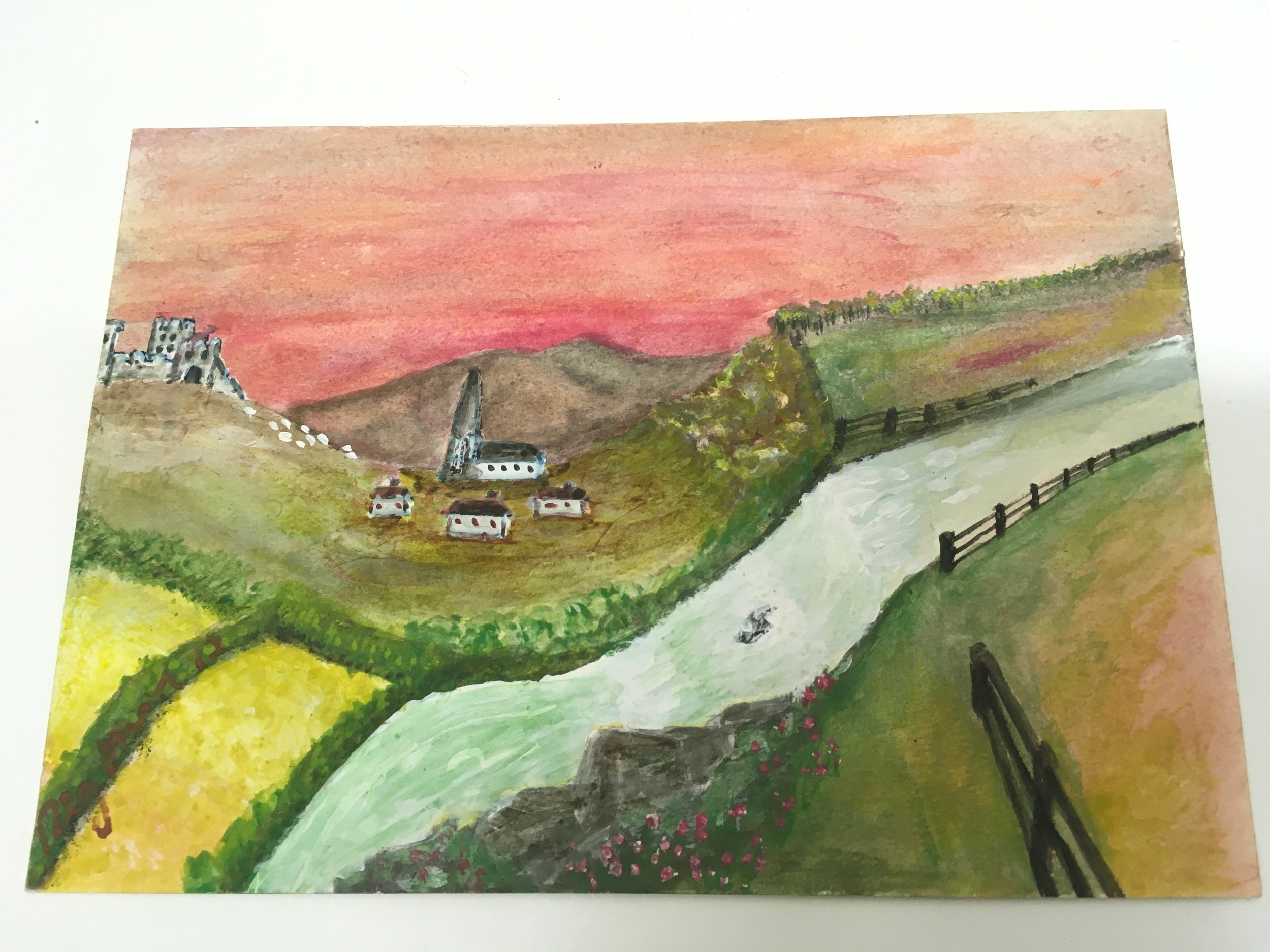 A landscape painting by Reginald Kray dated 11th September 1971. Stamped Parkhust prison. Dimensions 29x21cm