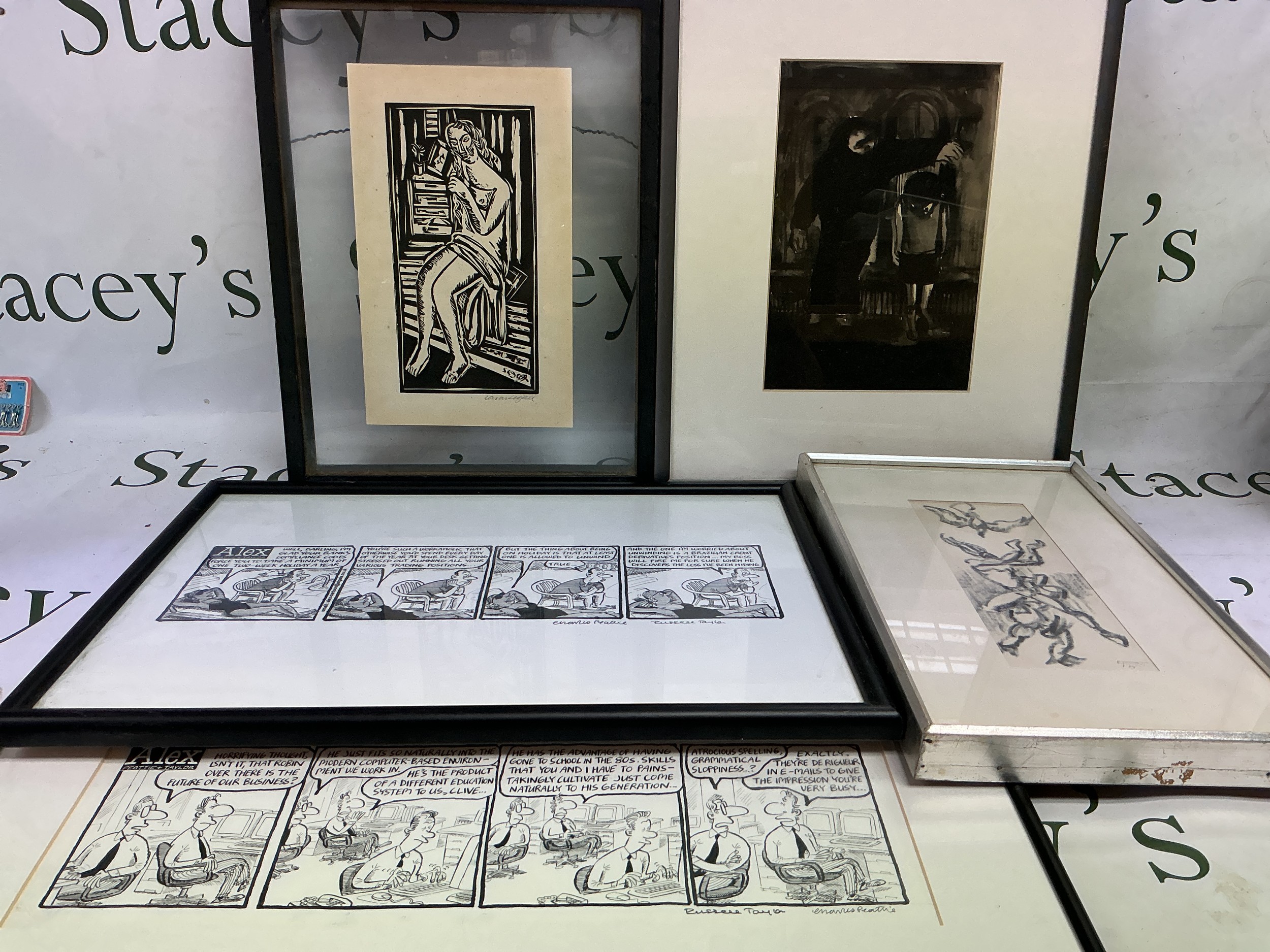 Five framed monochrome prints and pictures.