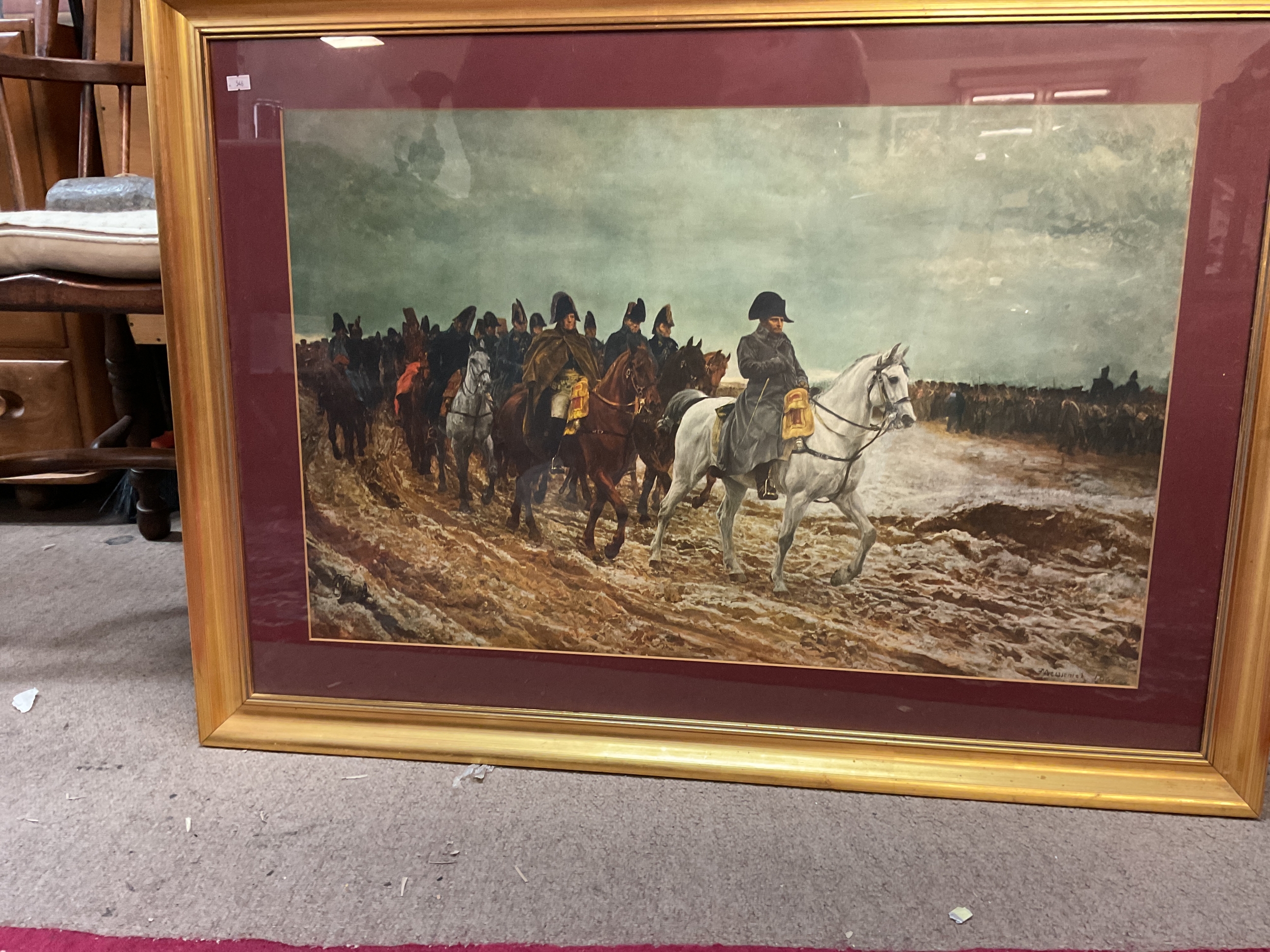 Large framed and glazed print of Napoleon leading his troops by Meissonier.49 cm x 76 cm.