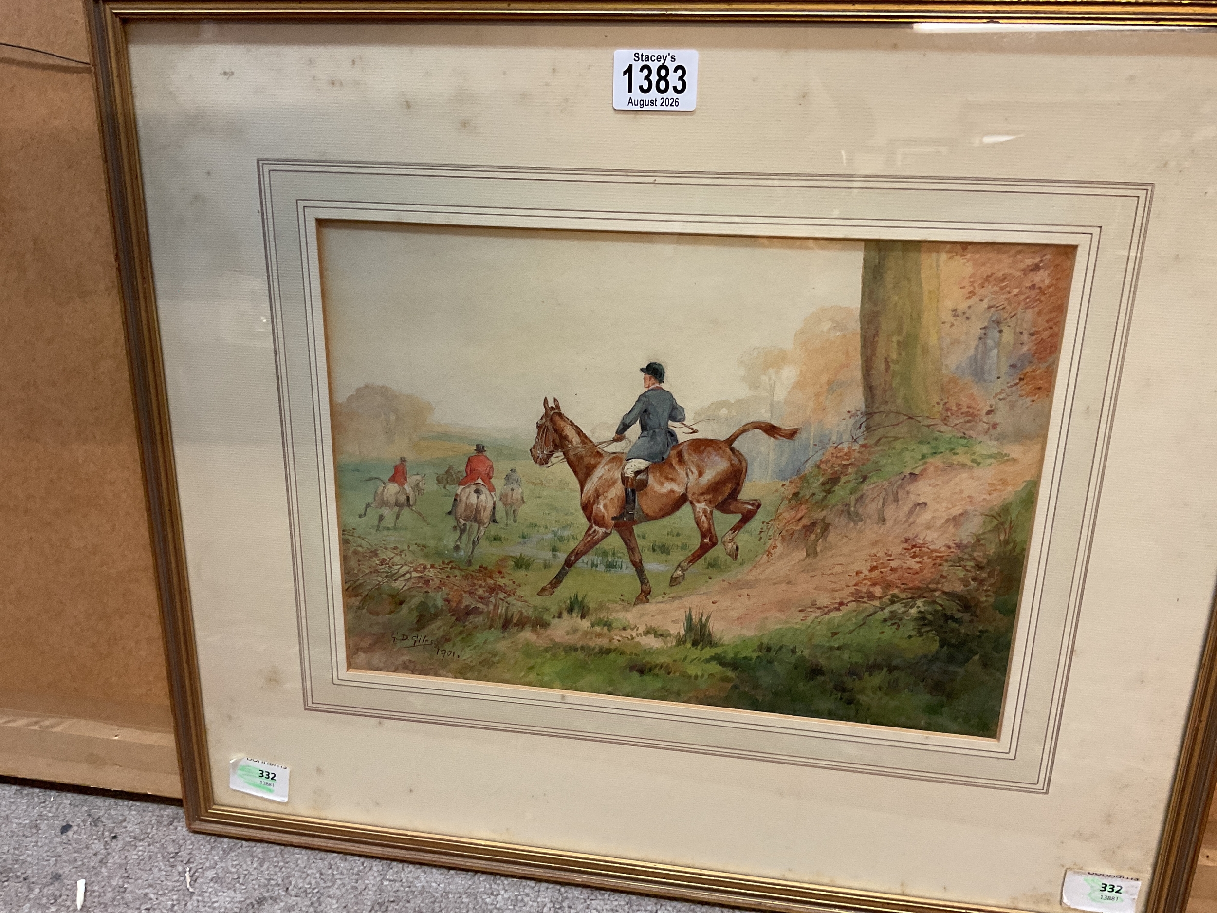 g.D.Giles 1901 original watercolour of hunt on the move with horses on the gallop. With previous Bonhams stickers. 25 cm x 36 cm. Some foxing to the frame lining but painting free from fault. Signed lower left and dated.