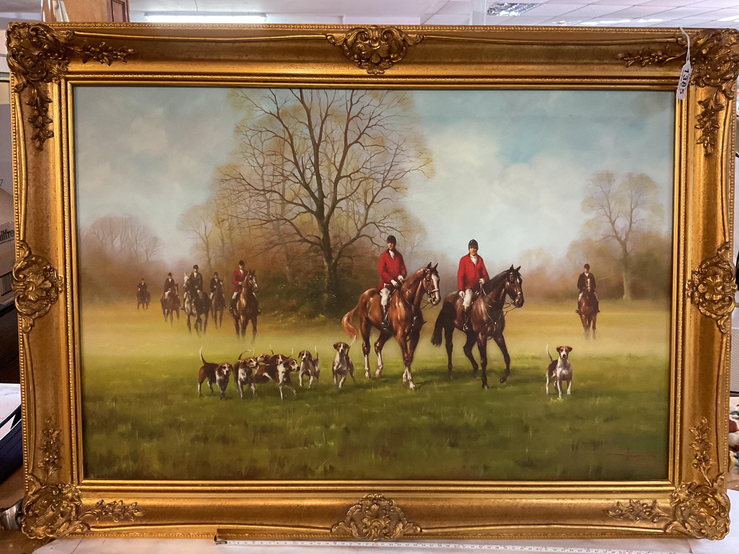 Large original oil on canvass of the hunt and hounds, signed lower right in monogram form. 49cm x 74 cm.