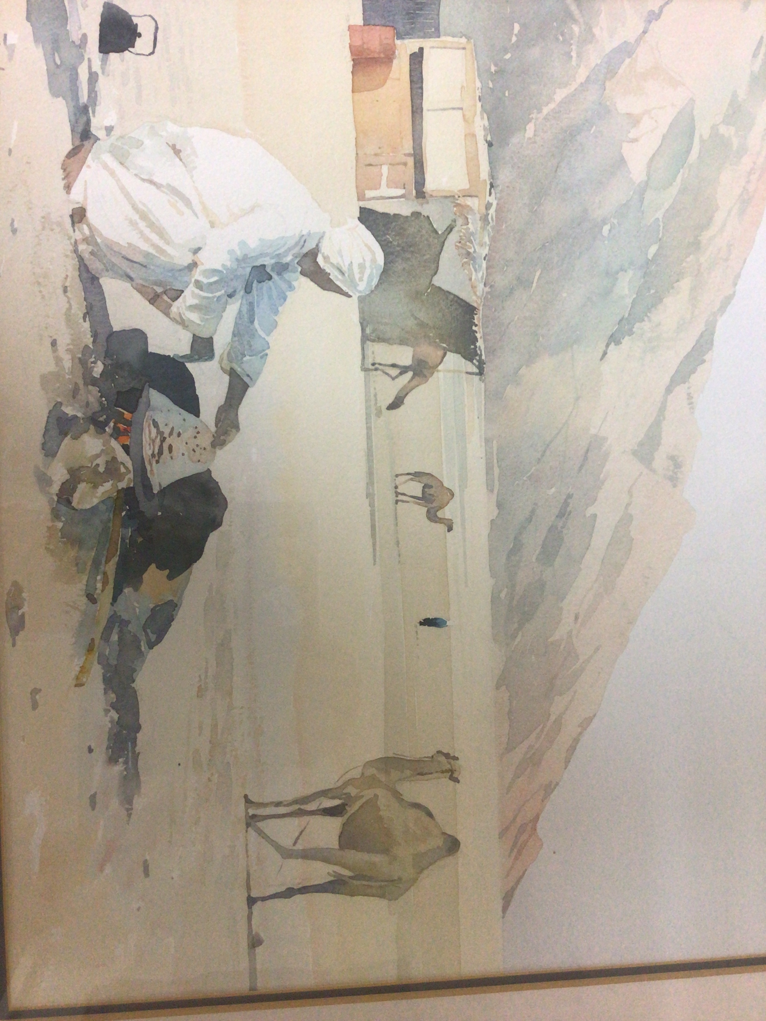 A Contemporary watercolour Middle Eastern Desert Scene with figures and camels.  signed by Moish Sokal Israeli Artist dated 1999 the reverse with gallery label Sadler Street Gallery. Size 69x60cm. 