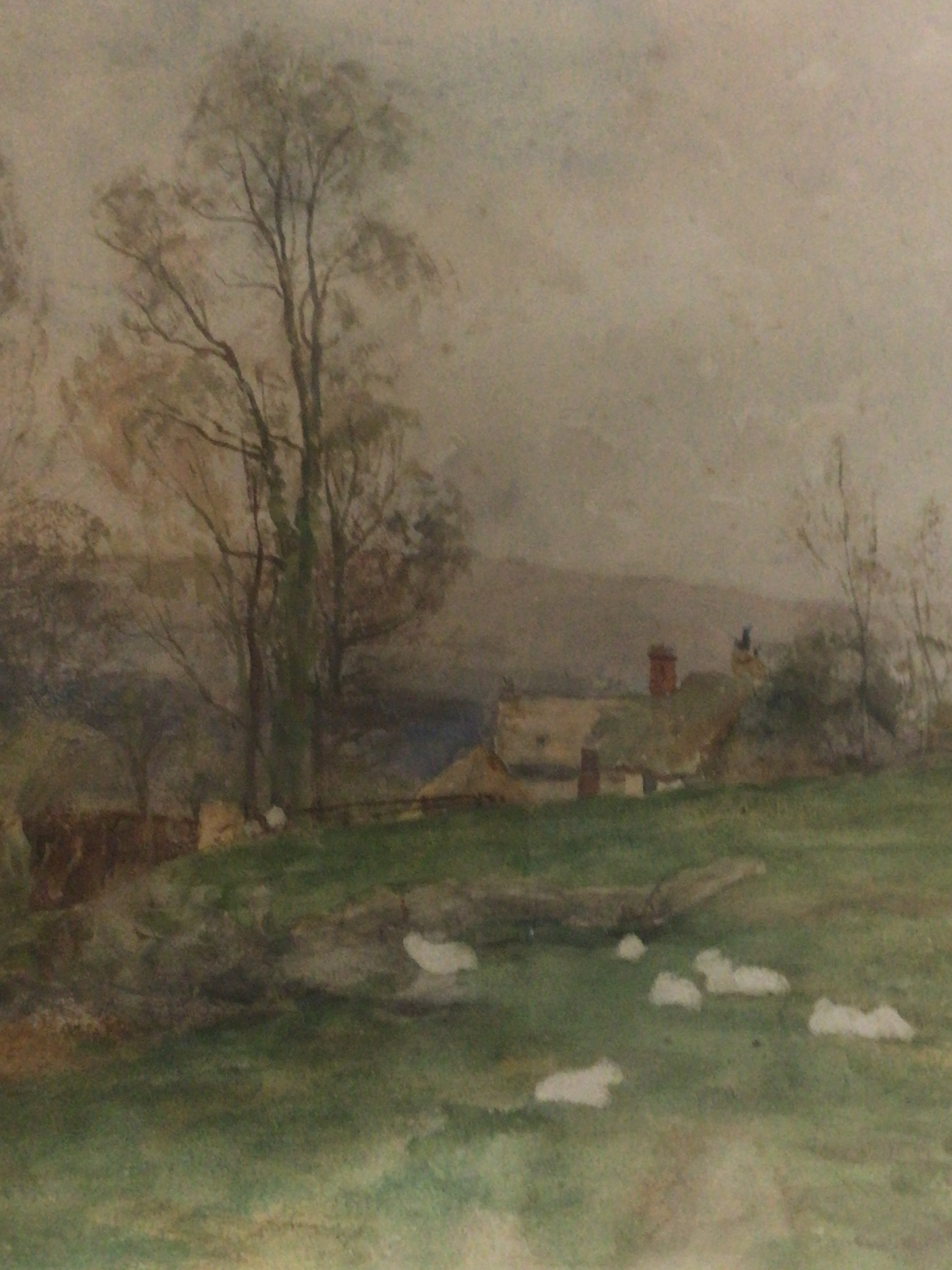 A Framed watercolour rural scene with cottage's attributed to James Aumonier RI 1832-1911 the reverse with a label. 40x47cm 