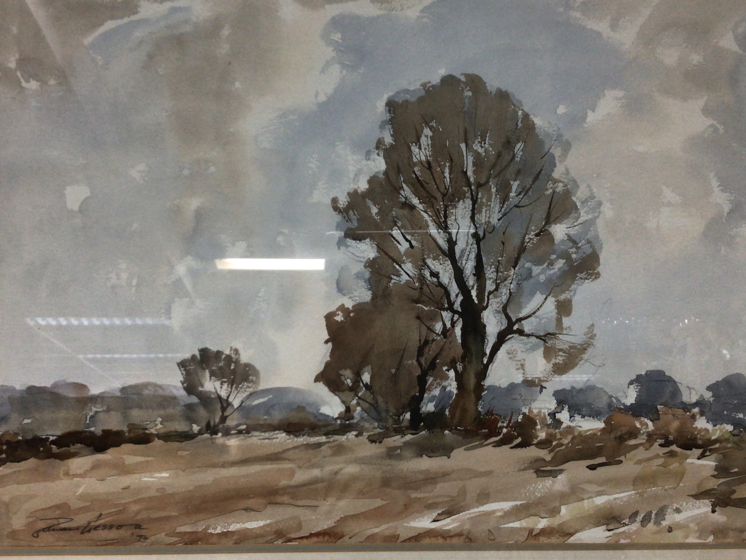  A large framed watercolour Landscape with Trees 1972 signed by Edward Wesson RI RBA RSMA. The Reverse with Gallery Label The Sadler Street Gallery. 93x72cm 
 