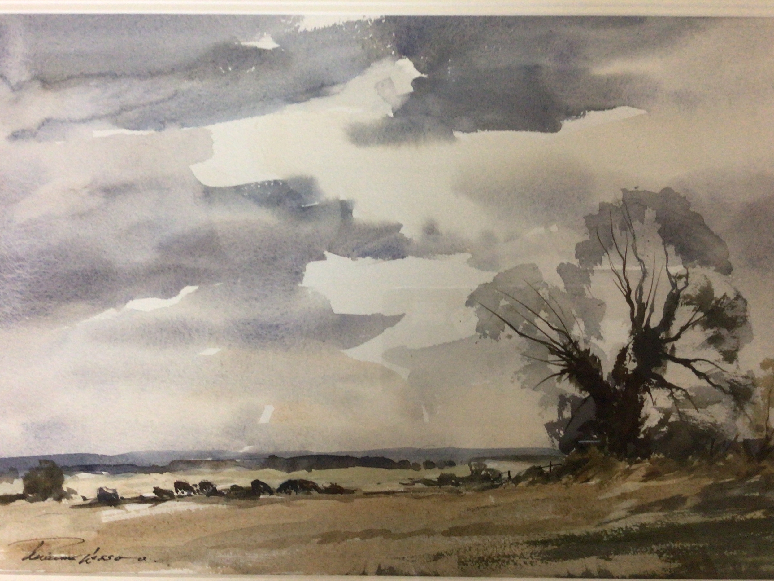 A framed watercolour view of Norfolk Fields by Edward Wesson RI RBA RSMA (1910-1983) 71cmx55cm