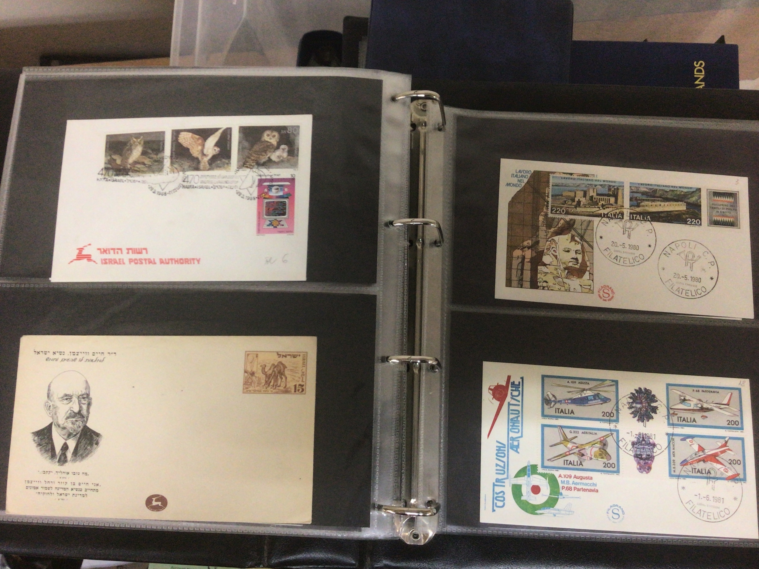  A collection of Jersey First day covers well presented in eight albums and a black album containing interesting World Postage covers including some Marine Shipping early covers from Israel late 1940s and early 50s and others. 