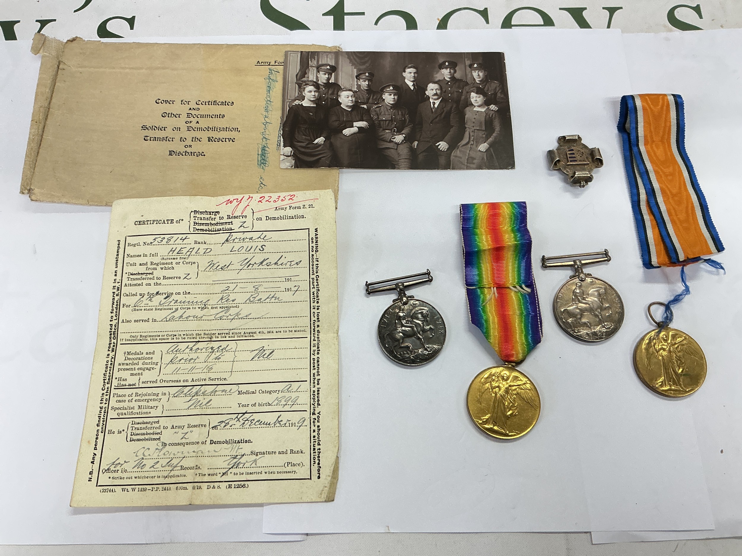 Two groups of WW1 medals awarded to 194179 GNR.H.P.GOODMAN R.A. and 53814 PTE.L.HEALD W.YORK.R. plus associated paperwork etc.