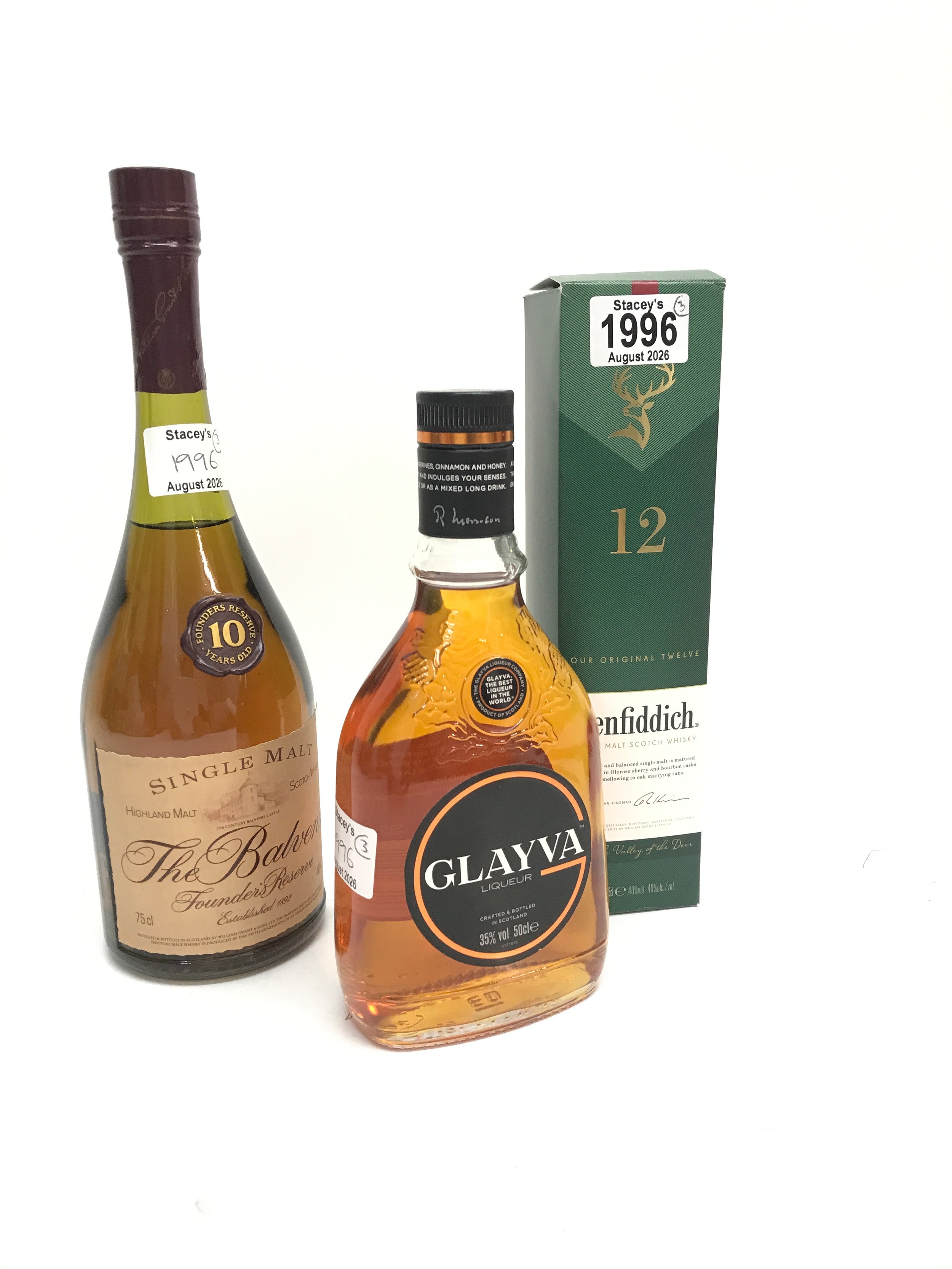 Three bottles of spirits comprising two bottles of single malt whisky, Balvenie and Glenfiddich plus a bottle of Glayva whisky liqueur (3)