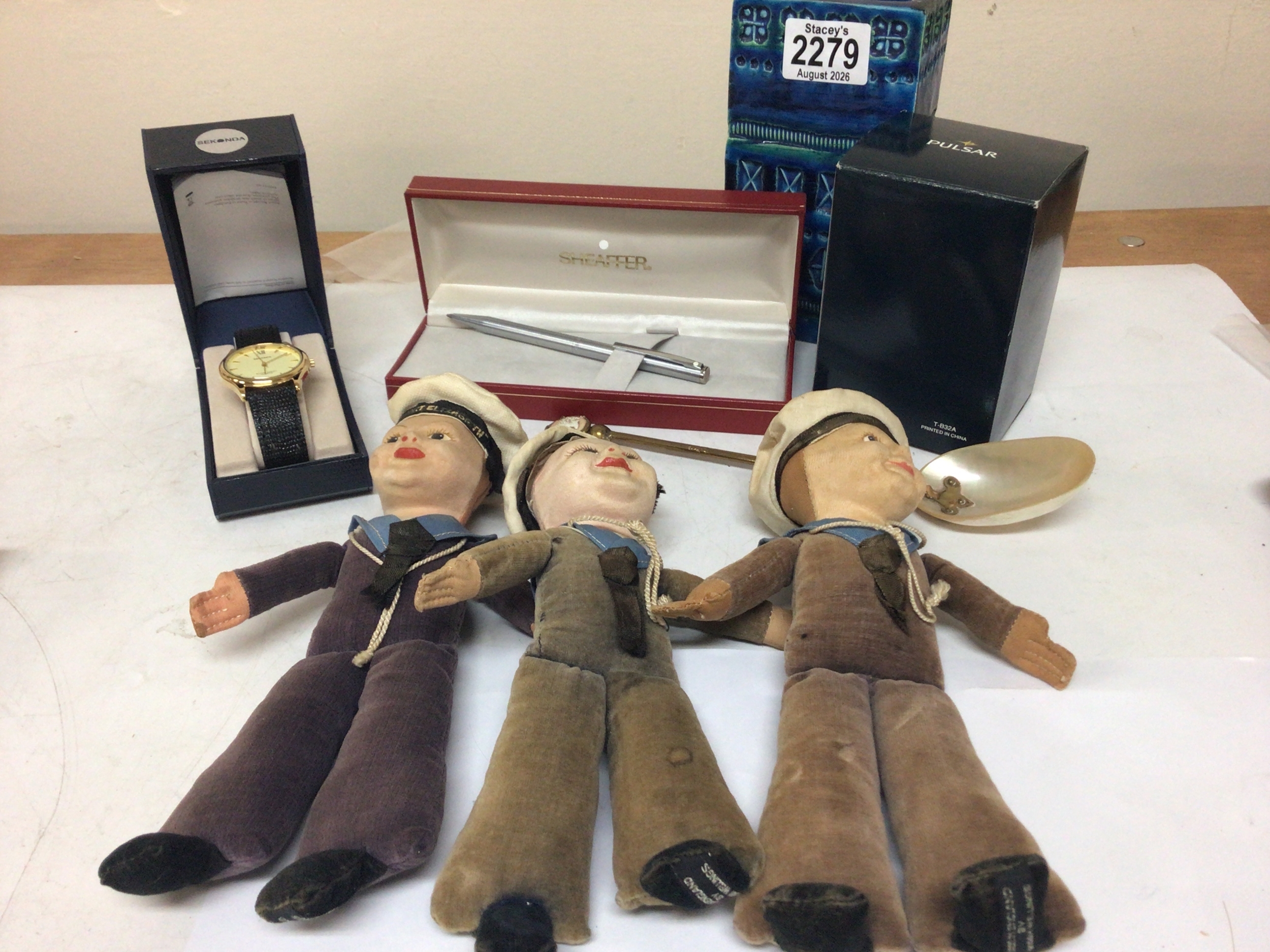 Three Vintage Norah Wellings felt dolls a Sheaffer pen watches and a mid 20th century ceramic vase.