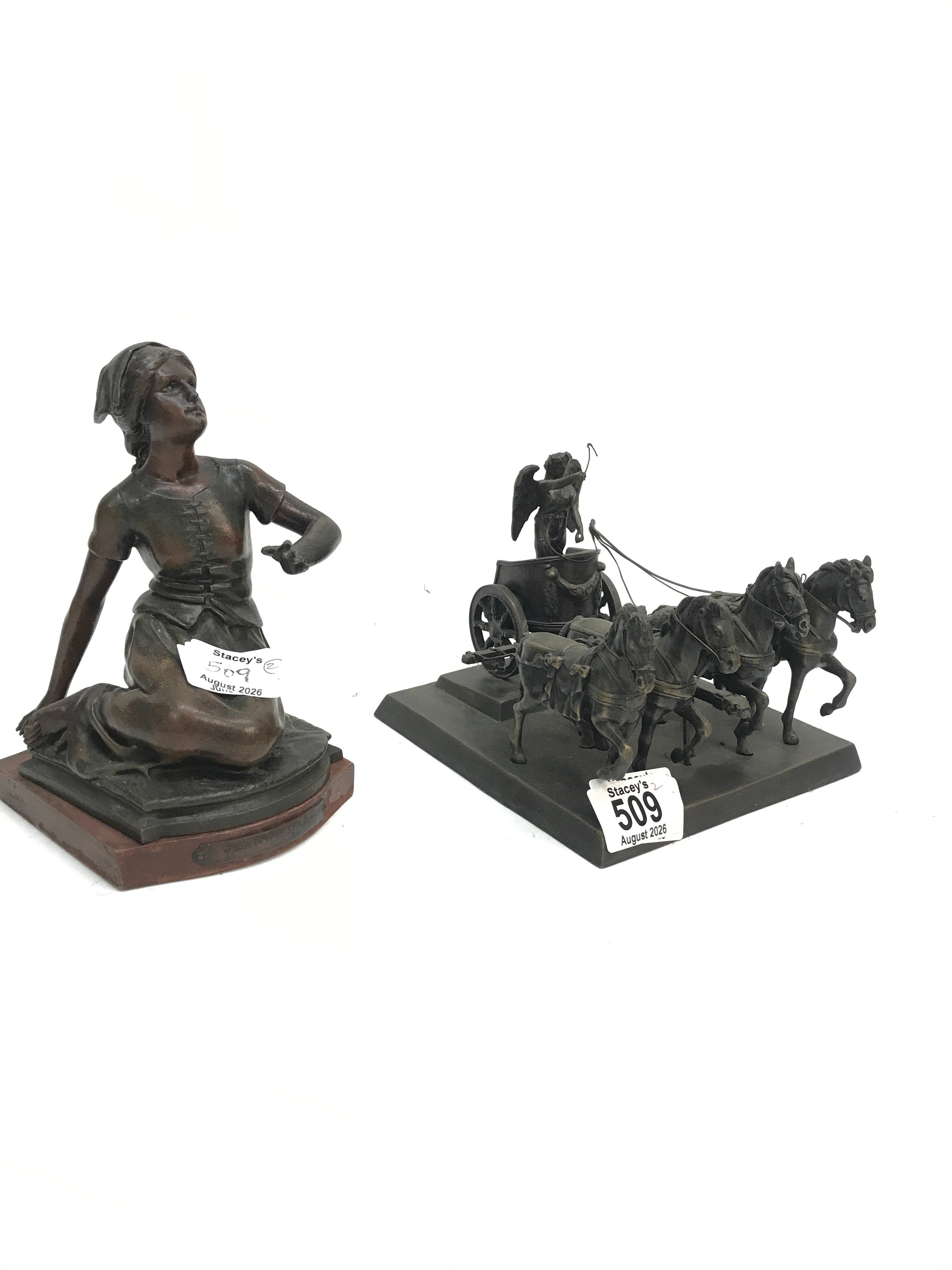 A Franklin Mint Roman Chariot figure and a Joan of Arc spelter figure 19 and 14cm tall NO RESERVE