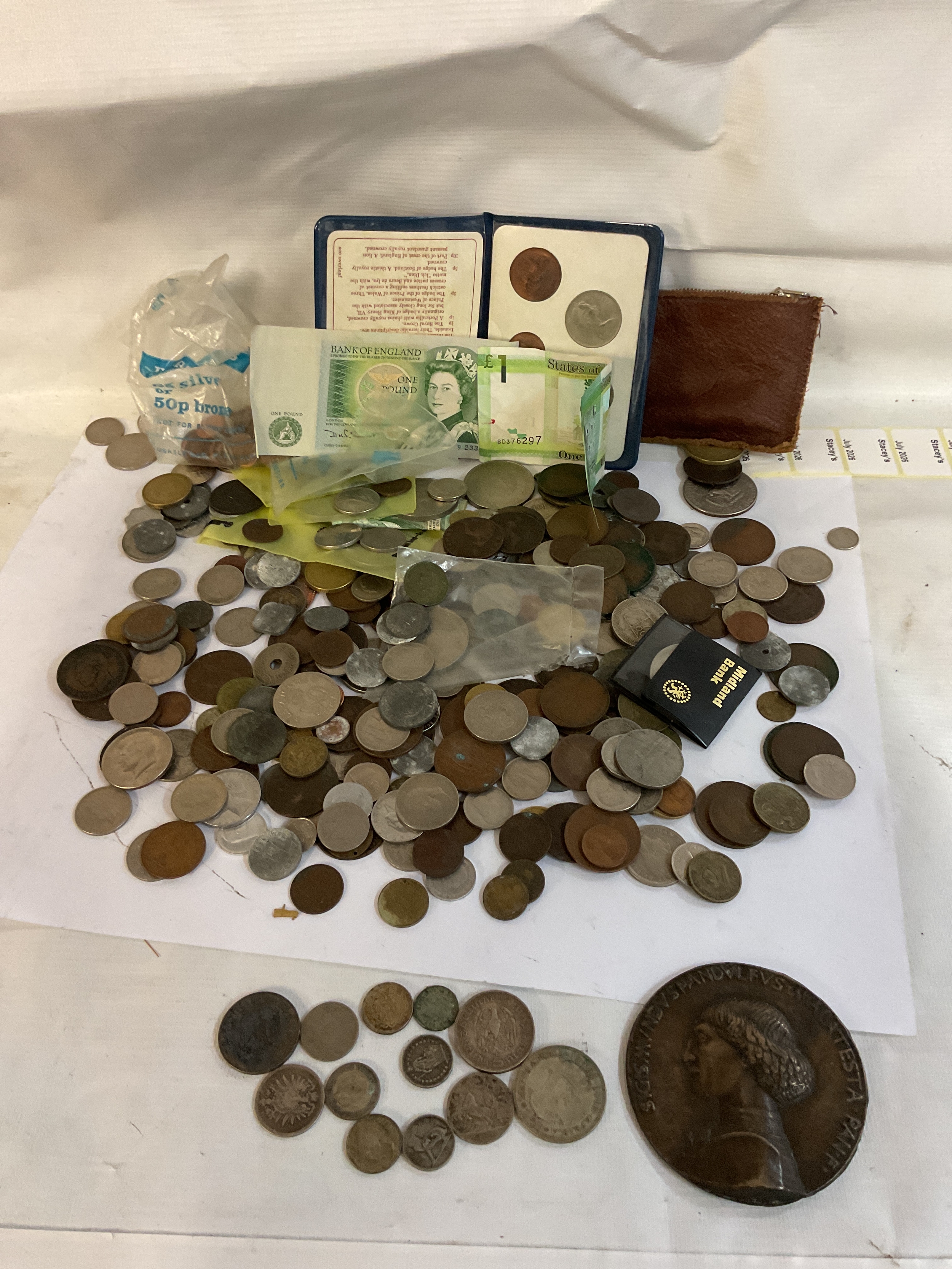Qty of World coins to inc vintage silver German examples, a large Bronze medallion and others.