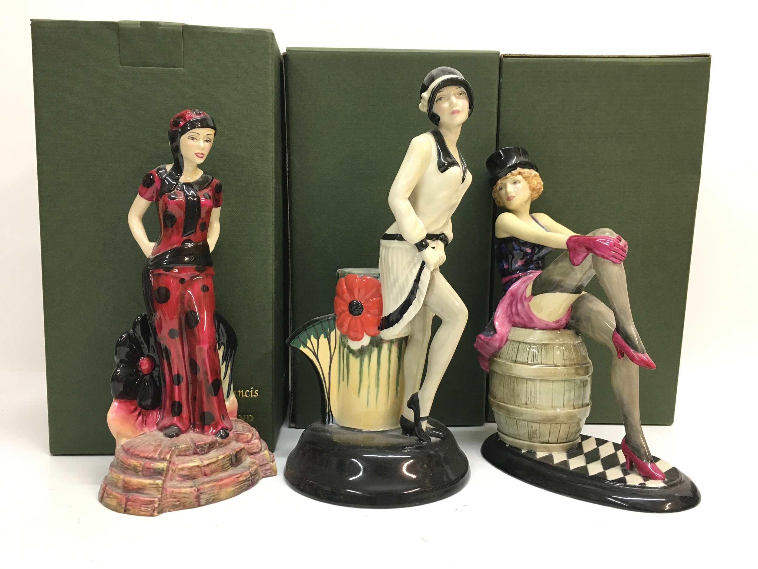 Boxed porcelain Peggy Davis figures Charlie Guild Piece 1998/1999, Clarice Cliff Centenary figure 664/950, Marlene Dietrich 501/750