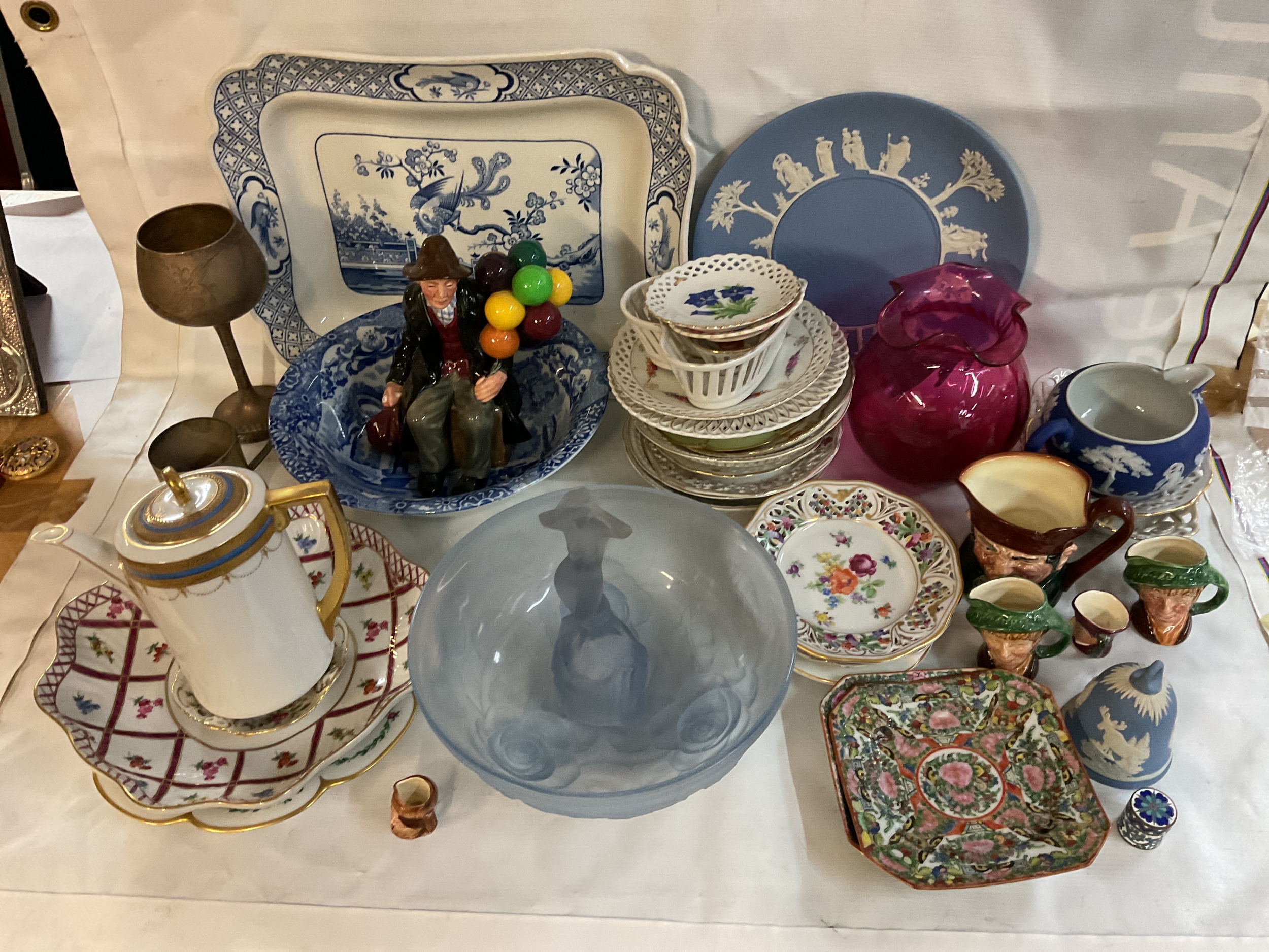Three boxes of mixed ceramics, blue and white to inc meat plates etc, Wedgwood, glassware, silver plate, lattice dishes, Dresden, Doulton miniature jugs and others.