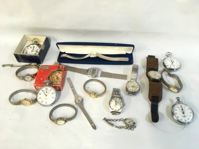 A collection of assorted watches and stop watches including Tissot and a Heuer.