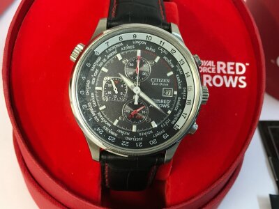 Citizen mens eco drive red arrows chronograph with box and papers. Seen running. 43mm case.