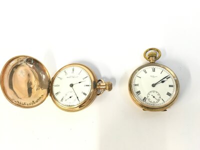 Two Waltham gold plated button wind pocket watches. Only the left one seen running.