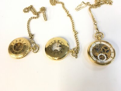 Three button wind pocket watches all with chains. All wind and run.