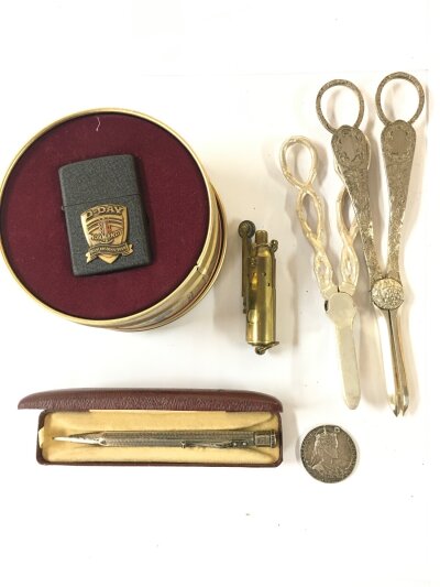 A Boxed Silver Pen And A Coronation Medal. 36g. Lighters And 3 Silver Plate Grape Scissors..