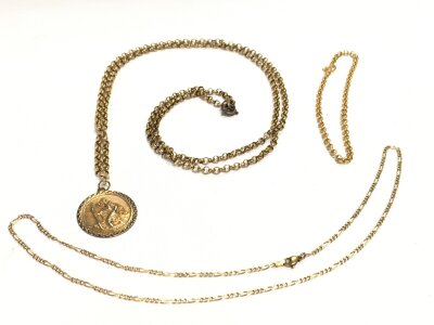 An Italian 9ct gold necklace , 9ct gold St Christopher pendant with a 9ct gold necklace. 21.7g total weight. Also including a non gold small bracelet