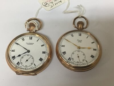 Two Gold plated pocket watches button wind a Swiss made Limit no 2 screw back seen working and one other maker W H Thorpe Harrogate for repair (2)