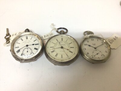 Three pocket watches a Chronograph silver cased M Brodie Manchester a key wind watch Swiss movement retailer H E Peck London and a Limit No 2 (3) spare or repair