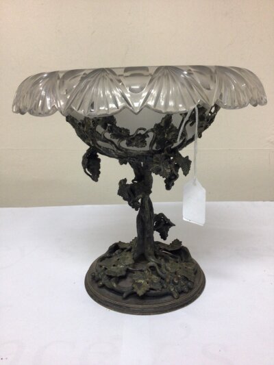 A Silver plated and cut glass centre piece with a a naturalistic and dated 1855 Height 25cm