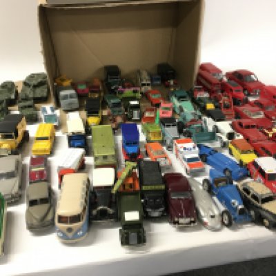 A collection of Playworn model vehicles by various manufacturers..includes a few military vehicles. Includes 8 boxed Matchbox Models of Yesterday with Harrods livery. No reserve