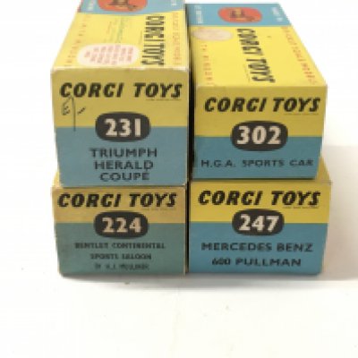 A collection of 4 boxed model diecast cars by Corgi includes No224 a Bentley Continental Sports Saloon..No231 a Triumph Herald Coupe..No247 a Mercedes Benz 600 Pullman..and No302 a MGA sports car.