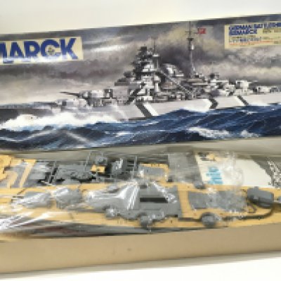 3x boxed model warship kits includes Battleship BISMARCK by Tamiya..started&hellip;..Aircraft Carrier. HMS ARK ROYAL1939 by Merit International..started&hellip;.Battleship USS MISSOURI BB63 by Tamiya.. No reserve (3)
