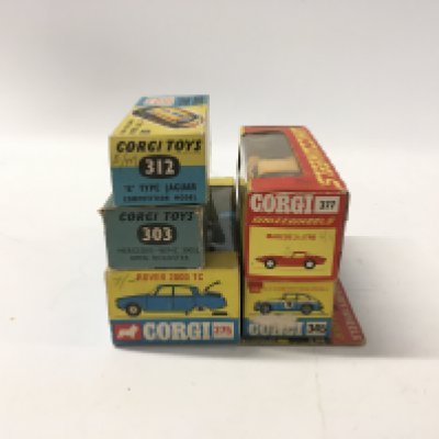 A collection of 5 boxed diecast model cars by Corgi includes No275 a Rover 2000TC..No303 a Mercedes Benz 300SL open roadster..No312 a E type Jaguar competition model with plated finish..No345 a MGC GT competition model and No377 a Marcos 3 litre