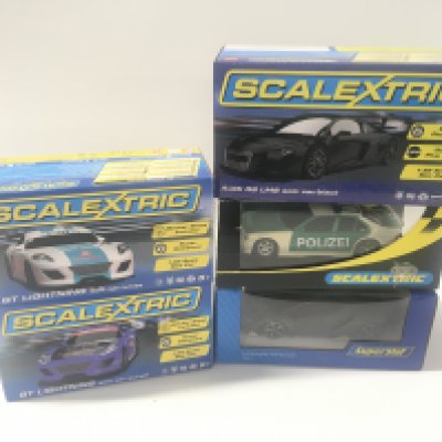 A collection of 5 boxed Salextric cars including C.2121 BMW 320i Police car..H3961 Lamborghini Centenaro..C3663 Audi R8 LMS..C3476 GT Lightening white..C3475 GT Lightening purple.