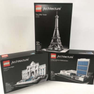 3x sealed boxed Lego Architecture set includes # 21019 The Eiffel Tower&hellip;. # 21020 Trevi Fountain&hellip; 21018 United Nations Headquarters. No reserve