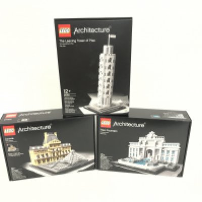 3 boxed and sealed Lego sets, to include Trevi Fountain 21020, Leaning Tower of Pisa 21015, Louvre 21024. No reserve.