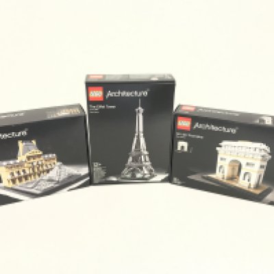 3 boxed and sealed Lego sets. To include Arc De Triomphe 21036, Eiffel Tower 21019, Louvre 21024. No reserve.