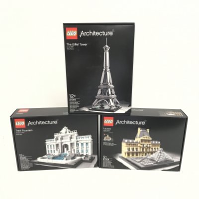 3 boxed and sealed Lego sets, to include, Louvre 21024, Eiffel Tower 21019, Trevi Fountain 21020. No reserve.