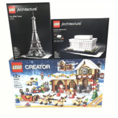 3 boxed and sealed Lego sets, to include, Santas Workshop 10245, Lincoln Memorial 21022, Eiffel Tower 21019