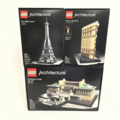 3 boxed and sealed Lego sets. To include Eiffel Tower 21019. Imperial hotel 21017. Flatiron Building 21023. No reserve.