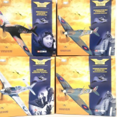 4 X Boxed Corgi Aviation Archive Flying Aces Models. 2 X Spitfires. A Hawker Hurricane And a P51D Mustang. 1/72 Scale. 1 Has Stand Missing. No Reserve (4).