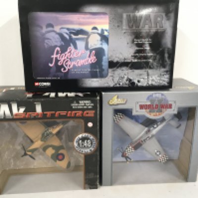 3 boxed model aircraft by Air Legends..Motor Max and Corgi. Includes fighter Scramble. P51D Mustang..Mk1 Spitfire. (3)