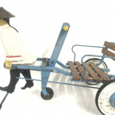 A Rare 1950s Childs Ride On Chinese Rickshaw. With Walking Chinese Figure.