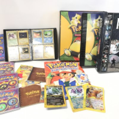 4 X Binders Containing Vintage Pokemon and Digimon Cards. A incomplete Merlin Sticker Book and Coin Game.