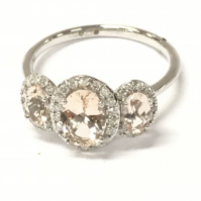 A 9ct rose gold morganite and diamond triple cluster ring. Three graduated oval morganites 1.17ct and diamonds 0.23ct approx. Size L 1/2 Postage A
