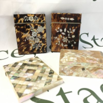 Three card cases and a trinket box ,tortoiseshell and mother of Pearl. Postage catB