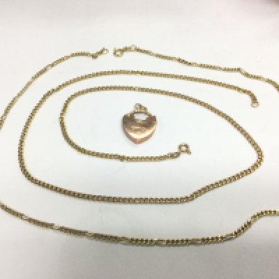 Two 9ct gold chains and a 9ct rose gold padlock clasp, total approx weight 17g. Shipping category A.