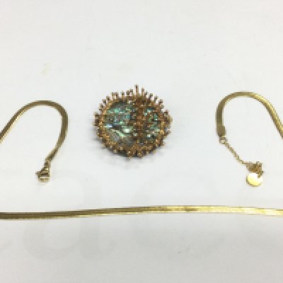 A 9ct gold mounted brooch and a gold chain, total approx weight 16g. Shipping category A.